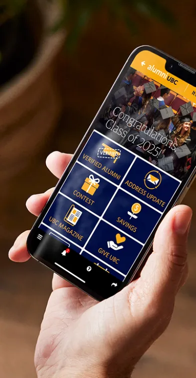 Person holding a phone with the UBC Alumni app open